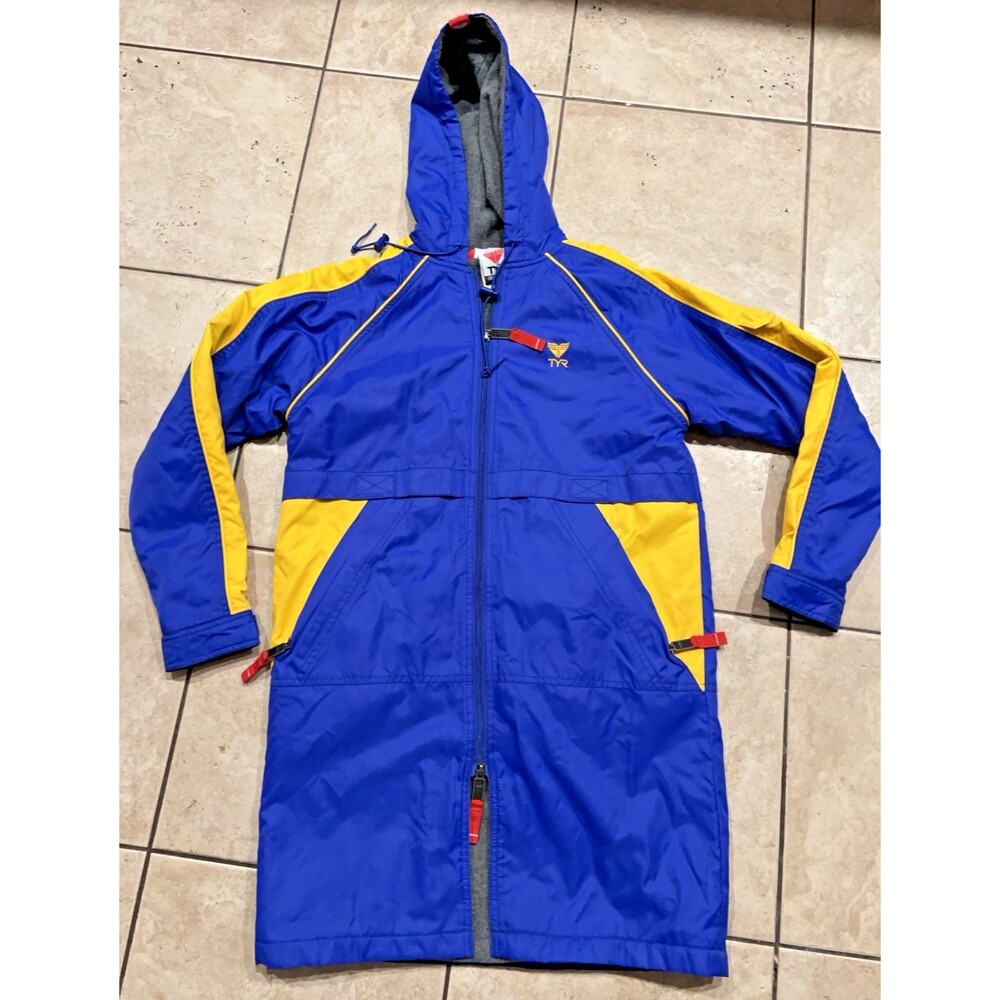 TYR Swim Parka Jacket Mens Medium Blue Fleece Lined Windproof Hooded Full Zip